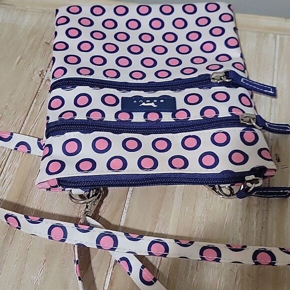 SCOUT Sally Go Lightly Blue White Pink Polka Dot Crossbody Purse Triple Zip - Picture 5 of 10